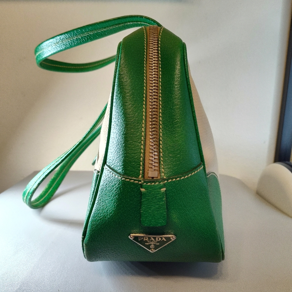 Prada Cinghiale Leather Trimmed Canapa Grezza Shoulder Bag Green Beige - Picture 5 of 13